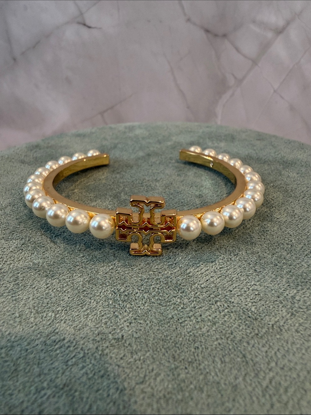 Tory Burch | Gold Plated & Pearl-Accented Cuff Bracelet | Small/Medium